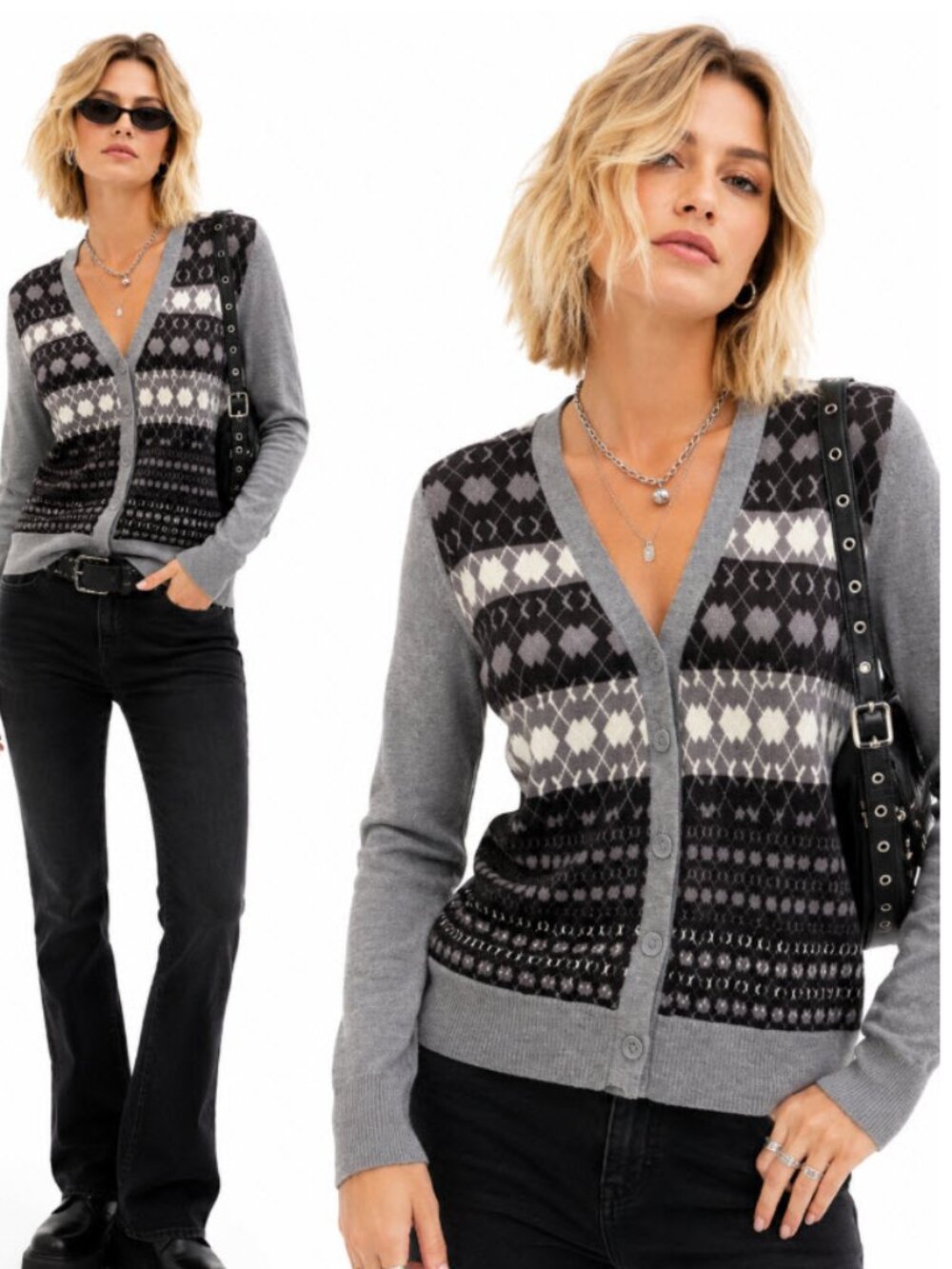 Lord & Taylor Merino Wool Fair Isle V-Neck Cardigan Gray Black Size L